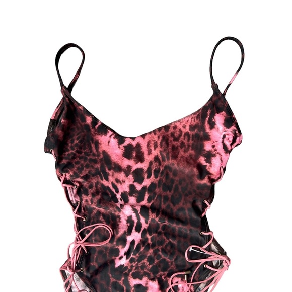 Sauvage Animal Print Side Lace One Piece Size Small Pink & Brown - Picture 3 of 14